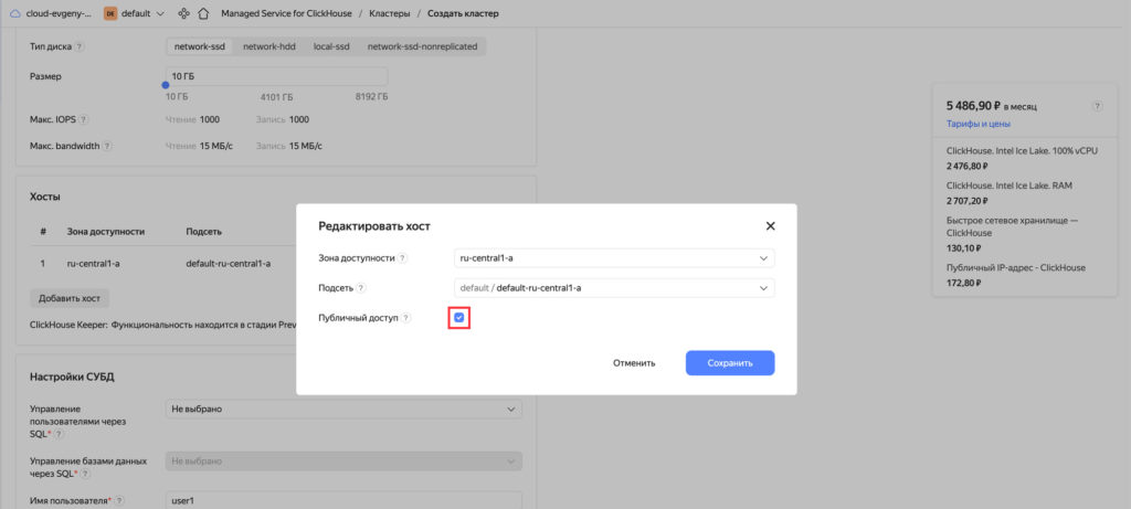 Важно не пропустить пункт и сделать кластер публичным. Для этого в блоке Хосты нажимаем на карандаш и включаем опцию Публичный доступ.