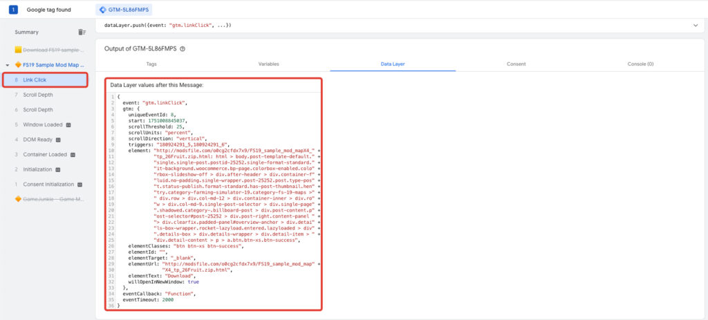 Режим просмотра в GTM: наглядно видно состояние dataLayer после клика на кнопку
