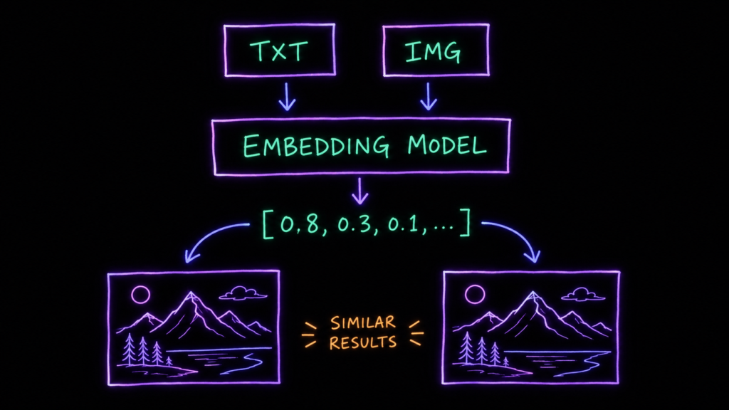 Например: берём фотографию горного пейзажа → embedding-модель раскладывает её в многомерный числовой вектор → делаем поиск похожих, находя ближайшие векторы в этом пространстве. На выходе — похожие картинки. Ровно так же это работает с похожими статьями или, скажем, музыкой. Что закодировали — то и ищем по смыслу.
