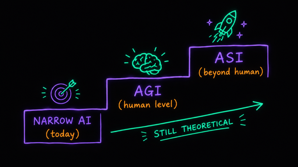 Чтобы понять ASI, нужен сосед по полке — AGI, artificial general intelligence, общий искусственный интеллект. К нему сегодняшние лучшие модели потихоньку приближаются. AGI тоже пока теория, но если он состоится — сможет решать все когнитивные задачи не хуже любого человека-эксперта.